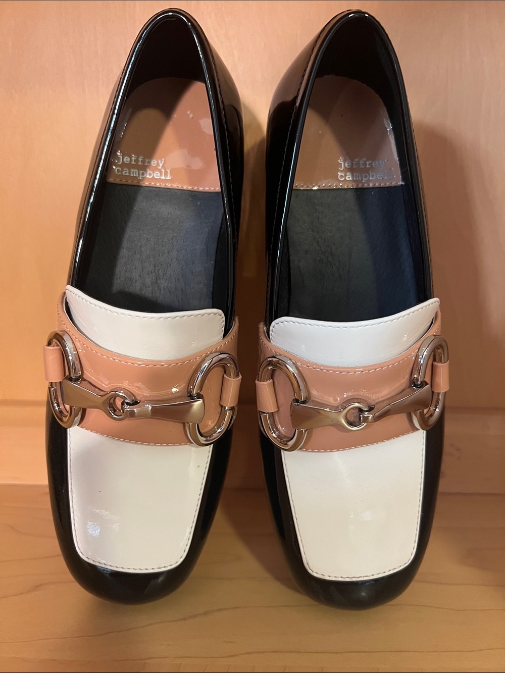 Jeffrey Campbell Black White and Beige Patent Horsebit Platform Loafers - Picture 8 of 9
